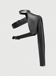 ROMWE Grunge Punk Women Short Asymmetric One Shoulder Adjustable Button Solid Color Faux Leather Jacket