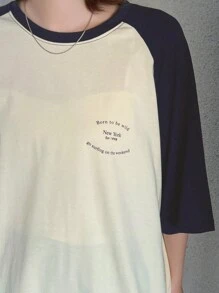 FRIFUL Women's Colorblocked Raglan Sleeve T-Shirt With Letter Print