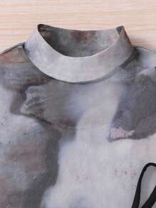 SHEIN Leap Crew Young Girl 2pcs/Sets  Tie Dye Mock Neck Lettuce Trim Sheer  Knit Mesh Tee & Cami Top ,Cool Young Girl - Multicolor - View 4