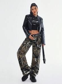 SHEIN EZwear Pantalones vaqueros casuales anchos de pierna ancha con bolsillos utilitarios de estampado total para mujeres