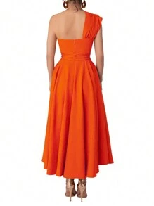 女士纯色不对称领口高开衩优雅无袖连衣裙 夏季 - 橘色 - 查看 4