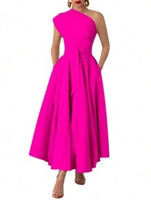 女士纯色无袖口袋开衩下摆连衣裙，优雅夏日 - 玫紅色 - 查看 6