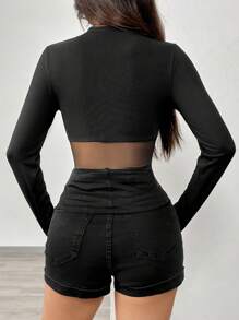 Chiquease 女士新年百搭高领毛衣，收腰设计，透明性感网纱拼接长袖T恤 - 黑色 - 查看 2