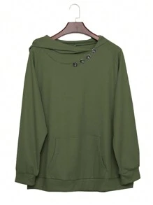 Sudadera de manga larga con bolsillos de unicolor y 4 botones para mujer talla grande, casual de primavera - Verde militar - Ver 3