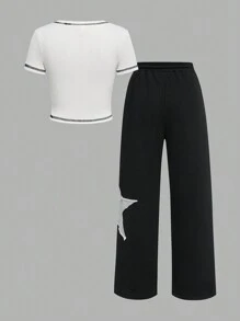 SHEIN Tween Girl  Casual Knit Crew Neck Short Sleeve Top And Straight Leg Pants Set - Black and White - View 2