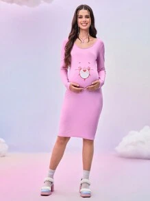 SHEIN 孕妇圆领长袖粉色小熊印花紧身连衣裙 - 粉色 - 查看 4