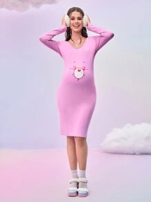 SHEIN 孕妇圆领长袖粉色小熊印花紧身连衣裙 - 粉色 - 查看 5