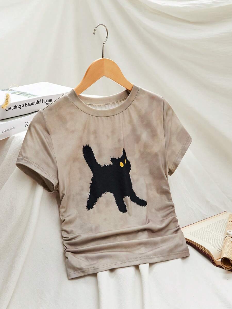 Muchica 女士圆领短袖猫咪印花简约 T 恤，休闲日常穿着 - 黑色 - 查看 1