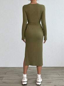 Chiquease Waist Hollow Drawstring Sexy Bodycon Textured Waffle Knit Long Sleeve Dress