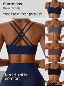 SHEIN Sport Studio Women's Seamless Solid Color Simple Summer Sports Bra (4pcs Set)