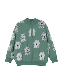 Plus Size Casual Zipper Printed Pullover Sweater For Women - Green - View 3