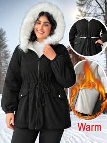 SHEIN EZwear Plus Size Women Black Thicken Fleece Cinched Waist Slim Fit Mid-Length Coat For Winter Thermal