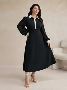 BizChic Vestito elegante a maniche lunghe con bottoni e contrasto di colori bianco e nero, taglia comoda - nero - Visualizzare 5