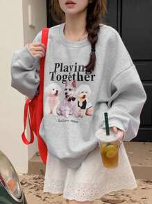 DAZY 女士宽松圆领印花卫衣，秋装 - 灰色 - 查看 6