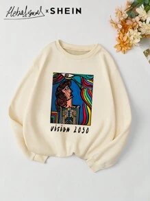 Seusyu Women's Casual Cartoon Letter Print Sweatshirt, Winter/Autumn, Casual Comfy Pullover Top Fall - Beige - View 1