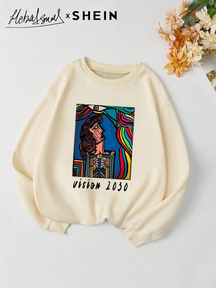 Seusyu Women's Casual Cartoon Letter Print Sweatshirt, Winter/Autumn, Casual Comfy Pullover Top Fall - Beige - View 1