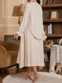 PalaceNights 2pcs Set Layered Ruffle Collar Long Sleeve Belted Robe & 3D Rose Slip Sleep Dress Pajama, Fall Winter Clothes - Apricot - View 2