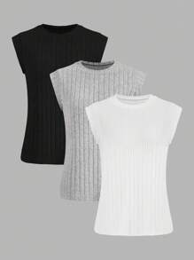 SHEIN LUNE Juego de 3 camisetas de mujer de cuello en V acanalado desgastado en negro, gris, blanco - Multicolor - Ver 1