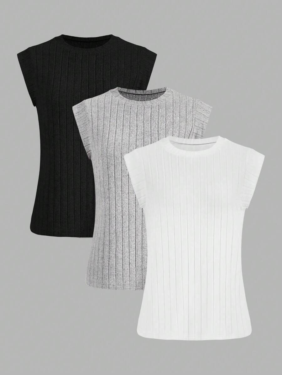 SHEIN LUNE Juego de 3 camisetas de mujer de cuello en V acanalado desgastado en negro, gris, blanco - Multicolor - Ver 1