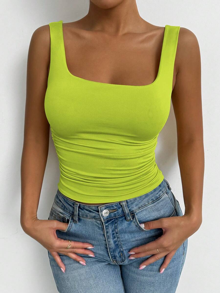Chiquease Women Solid Color Pleated Sleeveless Tank Top Summer - Green - View 1