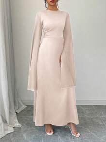 SHEIN Clasi Đầm Maxi Dài Tay Loe Eo Thanh Lịch Quyến Rũ Gợi Cảm Cho Nữ Trang Phục Nữ Màu Trơn - Màu be - Xem 5