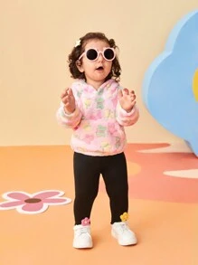 SHEIN 2pcs Baby Girls' Floral Print Hoodie Sweatshirt And Pants Set With 3D Small Flowers, Cute Outfit For Outdoor