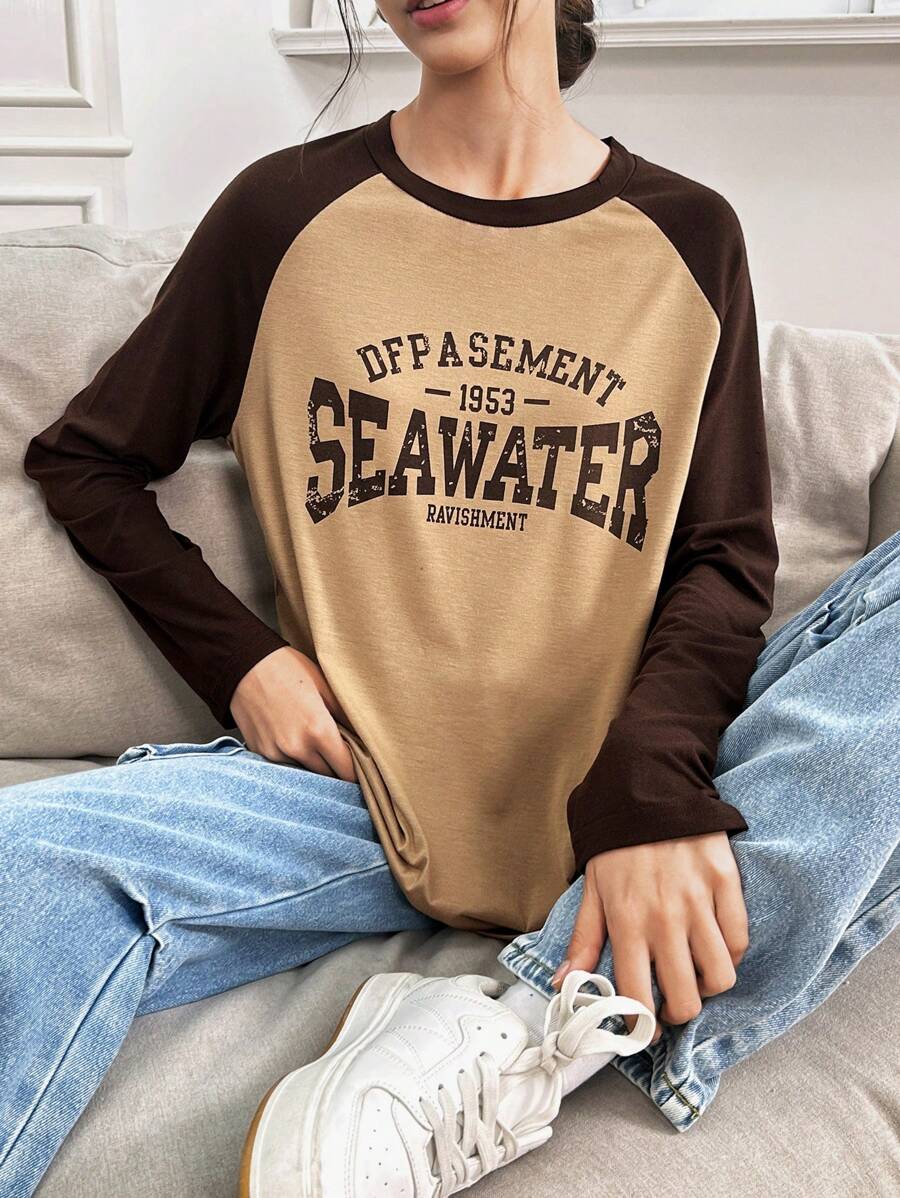 INAWLY Round Neck Color Block Letter Printed Long Sleeve T-Shirt Graphic Tees Women Tops For Spring Outfit - Multicolor - View 1