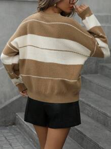 SHEIN Privé Asymmetrical Colorblock Striped Crew Neck Oversized Ladies Sweater Knit Pullover Fall Winter Outfit