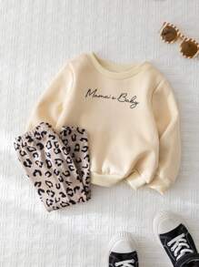 Cozy Pixies 2pcs Baby Girl Letter Print Crew Neck Pullover Sweatshirt And Long Pants Set - Khaki - View 8