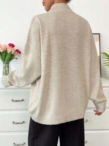 EURMUSE Women Mock Neck Flower Accessory Detailed Drop Shoulder Pullover - Beige - View 3