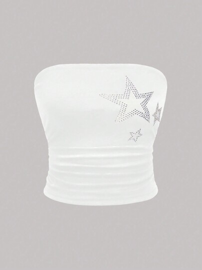 Grunge Punk Canotta bianca strapless con stampa a stelle e decorazioni di strass per donne, stile gyaru