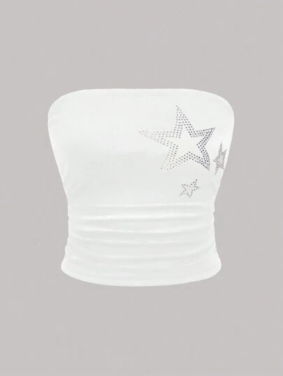 ROMWE Grunge Punk Gyaru 女士星星印花和水钻装饰露肩白色抹胸