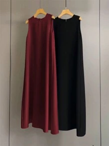 Al Najma 勃艮第红色女士纯色圆领无袖长款休闲阿拉伯连衣裙，休闲 2 件套，阿巴亚内衣裙，阿拉伯连衣裙，长款背心裙，基本款长裙 - 酒紅色 - 查看 3