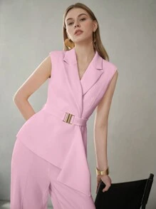 MOTF PREMIUM 纯色尖领扣带轻质背心 - 粉色 - 查看 1