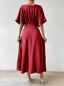 RosyDaze Women's Solid Color Pleated Batwing Sleeve Maxi V-Neck Elegant Vacation Dress Burgundy Color Women Outfit - Burgundy - View 2