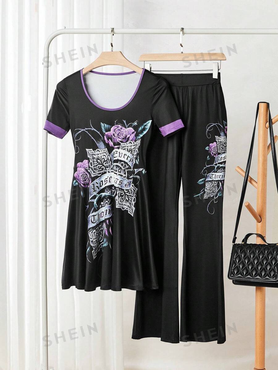 SHEIN LUNE 2 piezas Conjunto casual de camiseta y pantalones con estampado floral minimalista para mujer - Negro - Ver 1