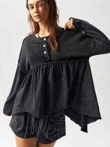 Bohemela 超大度假针织落肩圆领不对称下摆水洗女式 T 恤