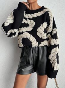 EURMUSE Women Towel Pattern Round Neck Drop Shoulder Pullover - Multicolor - View 5