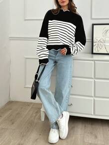 EURMUSE Women Stripe Pattern Mock Neck Drop Shoulder Pullover - Black - View 2