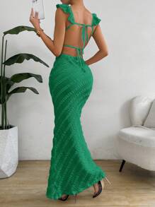 Chiquease Women's Vacation Solid Color Patchwork Ruffle Hem Long Fitted Elegant Dress - Green - View 6