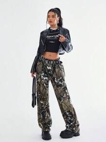 SHEIN EZwear Pantalones vaqueros casuales anchos de pierna ancha con bolsillos utilitarios de estampado total para mujeres