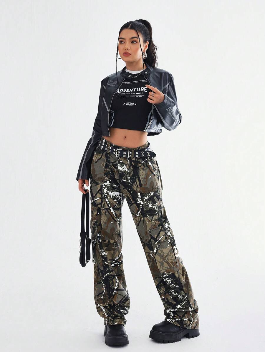 SHEIN EZwear Women's All-Over-Print Utility Pockets Loose Wide-Leg Casual Jeans - Army Green - View 1