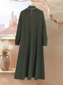 Rusticease Plus Size Women's Solid Color Stand Collar Long Sleeve Button Design Maxi Casual Dress, Fall Women Clothes - Army Green - View 3