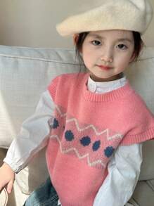 DAZY 年轻女孩几何图案圆领休闲宽松针织毛衣背心，秋冬 - 粉色 - 查看 8