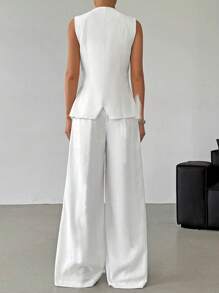 SHEIN EZwear 2pcs/Set Women's Spring & Summer Casual Linen Blazer Vest And Wide Leg Pants In Fall/Winter