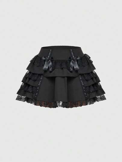 Kawaii Vintage Palace Style Multi-Layered Ruched Cake Skirt With Bow Decoration, Women's Knee-Length Skirt
