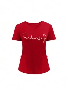 Heart Print V-Neck Blouse Spring Summer Short Sleeve Scrub Uniform T-Shirt - Burgundy - View 4