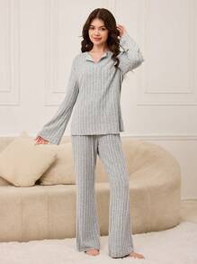 2pcs Teen Girl Sleepwear Set, Gray Minimalist Design Long Sleeve Top And Long Pants Pajama - Grey - View 3