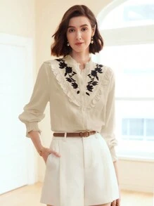 MOTF PREMIUM LINEN CONTRAST EMBROIDERY FLORAL SHIRRED FRILL MOCK NECK FLARE SLEEVE BLOUSE