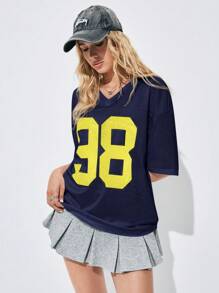 SHEIN Unity 女式超大字母印花网眼棒球插肩 T 恤图案 T 恤女式上衣